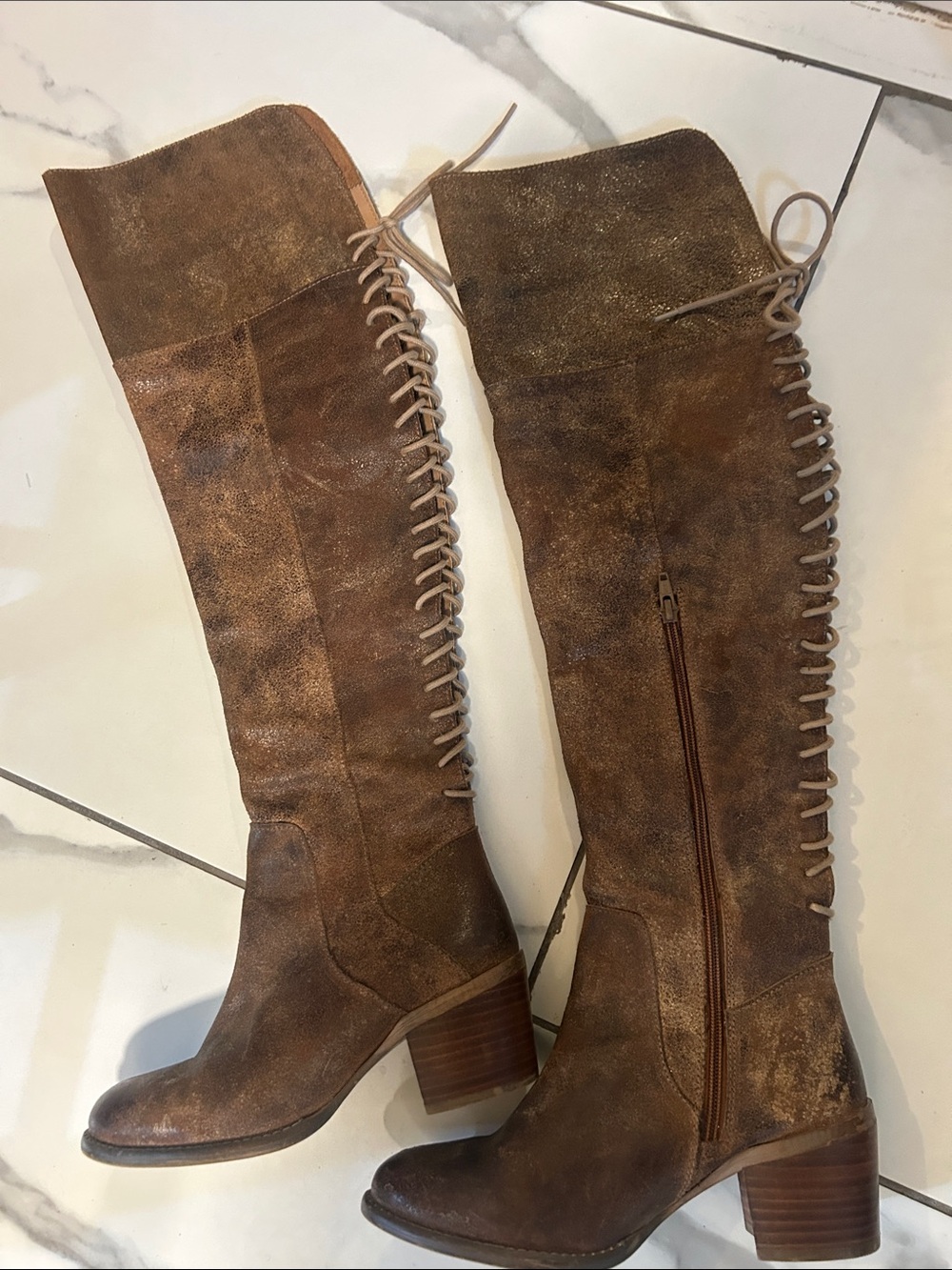 Over-the-Knee Brown Lace-Up Suede Boots with Block Heel